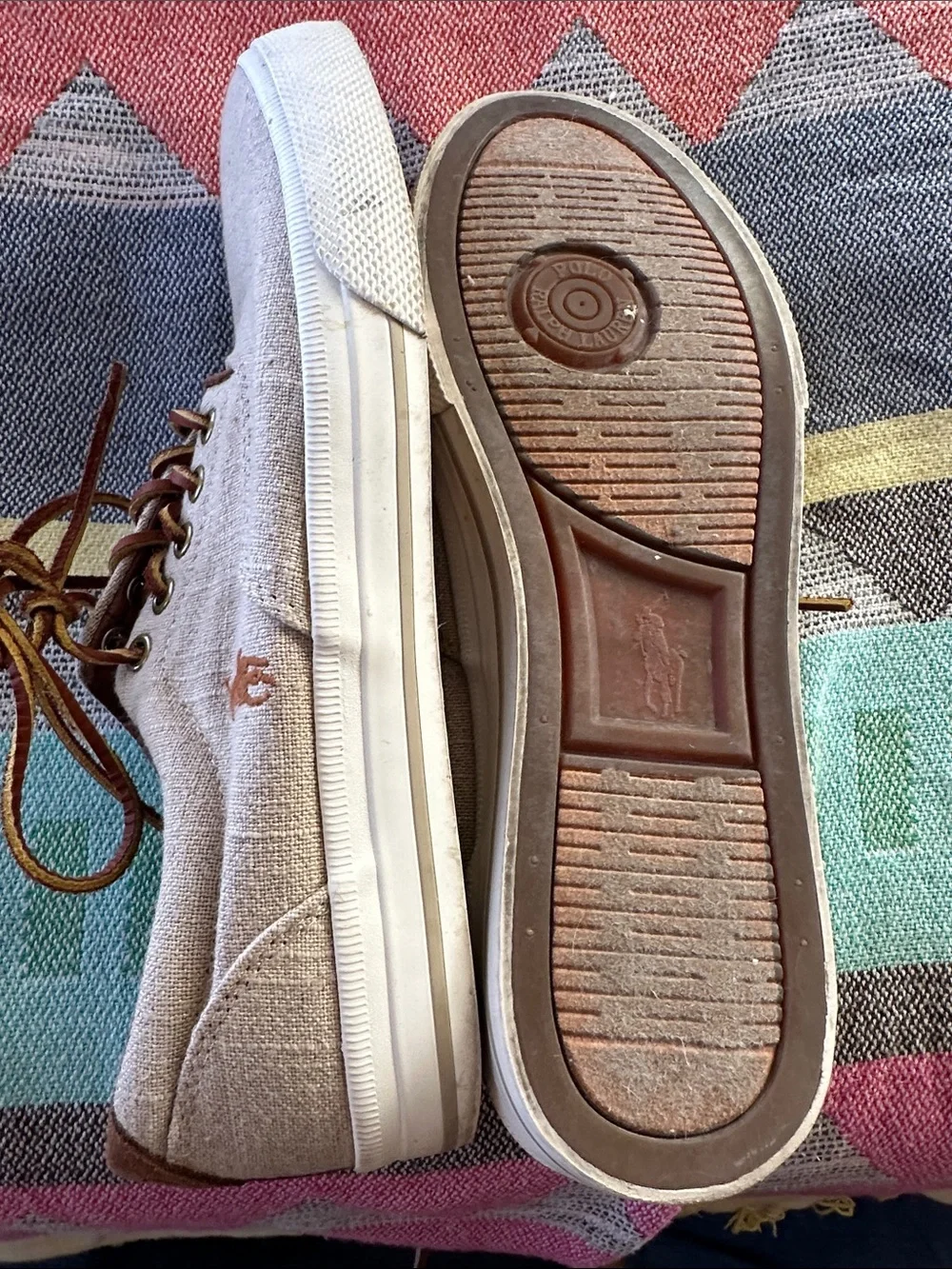Polo by Ralph Lauren Beige Linen & Suede Boat Shoes with Brown Leather Laces 8.5